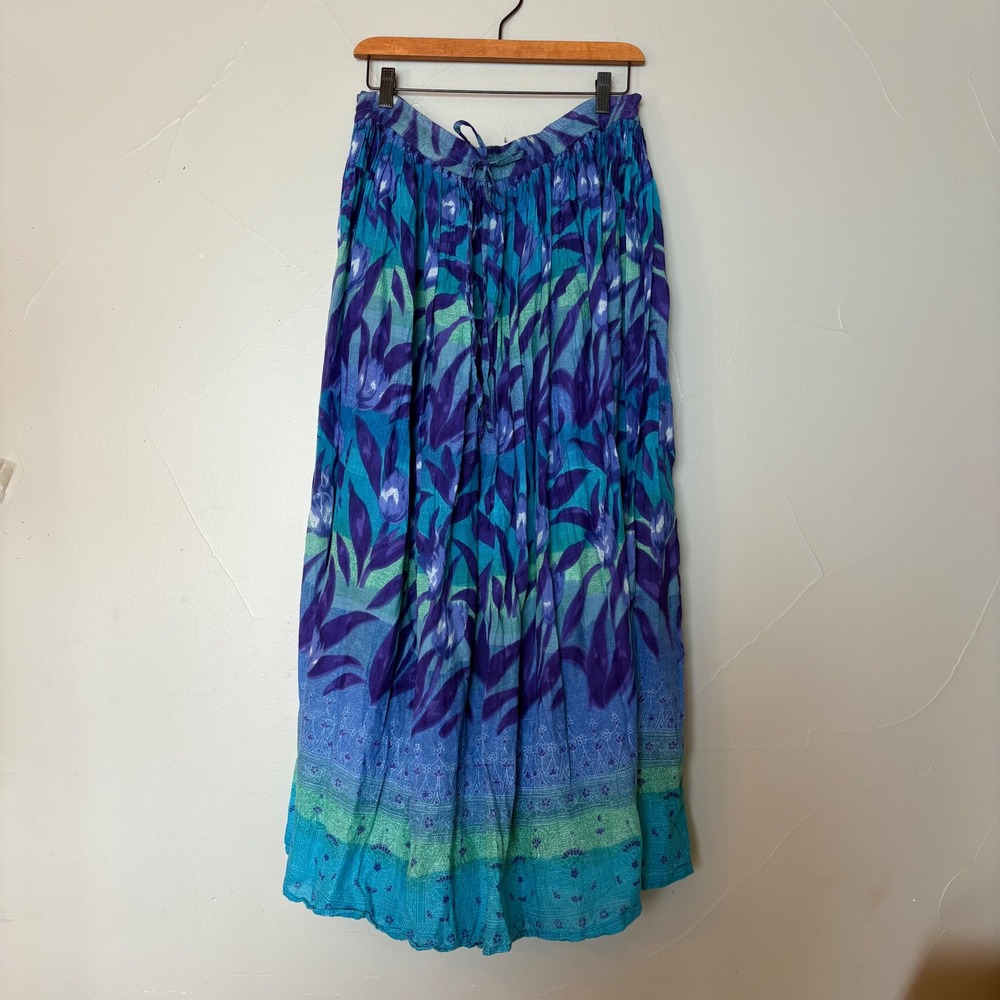 PHOOL Vintage Boho Maxi Skirt Floral Tulip Print Turquoise Purple Drawstring  L‎